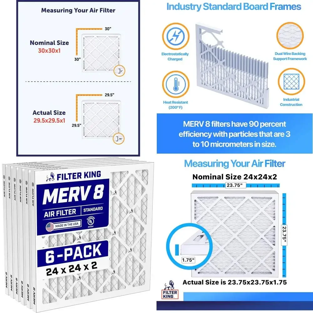 6-Pack 24x24x2 MERV 8 Pleated Air Filters for Dust & Allergy Control, USA Made HVAC Filters
6-Pack 24x24x2 MERV 8 Pleated Air Filters for Dust & Allergy Control, USA Made HVAC Filters