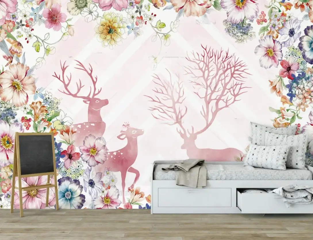 Custom cartoon animal 3D wallpaper hand-painted Nordic Watercolor plant flower elk study bedroom TV background wall wallpaper
Custom cartoon animal 3D wallpaper hand-painted Nordic Watercolor plant flower elk study bedroom TV background wall wallpaper