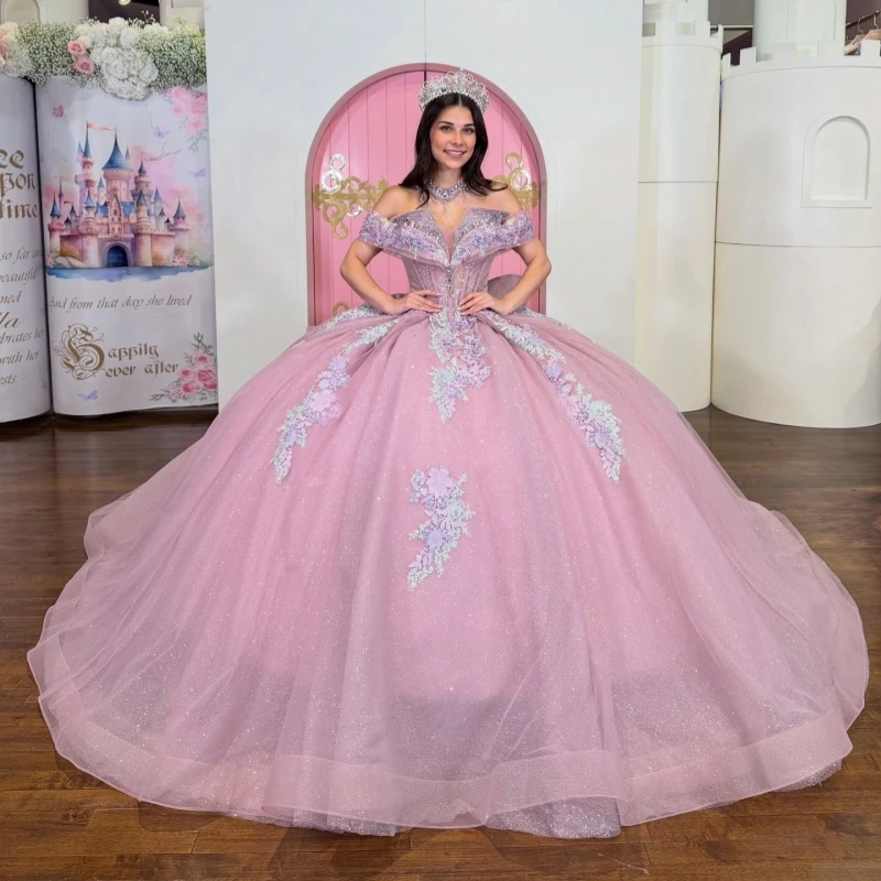 Pink Shiny Ball Gown Quinceanera Dresses Applique Lace Beading Crystal Tiered Tull Bow Corset Off The Shoulder Sweet 16 dress
Pink Shiny Ball Gown Quinceanera Dresses Applique Lace Beading Crystal Tiered Tull Bow Corset Off The Shoulder Sweet 16 dress