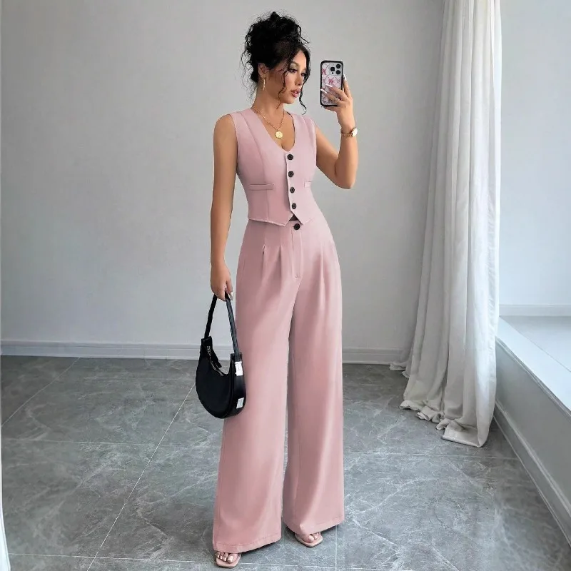 Summer New Solid Color Two Piece Sets Women V-neck Sleeveless Slim Single-breasted Vest Top & Wide leg Trousers 2-piece Set
Summer New Solid Color Two Piece Sets Women V-neck Sleeveless Slim Single-breasted Vest Top & Wide leg Trousers 2-piece Set