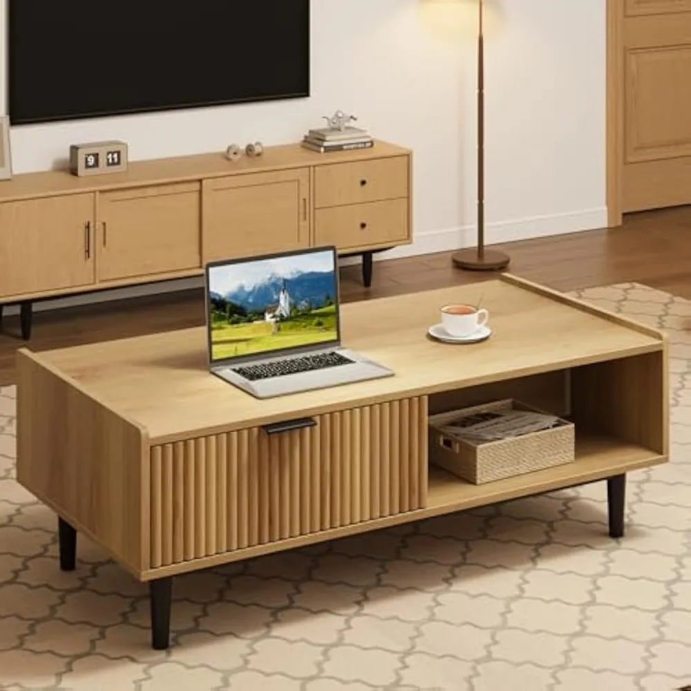 Drawer Fluted Living Room Table with Storage Light Wood Cocktail Table with Open Shelf Rectangle Coffee Table Easy Assembly
Drawer Fluted Living Room Table with Storage Light Wood Cocktail Table with Open Shelf Rectangle Coffee Table Easy Assembly