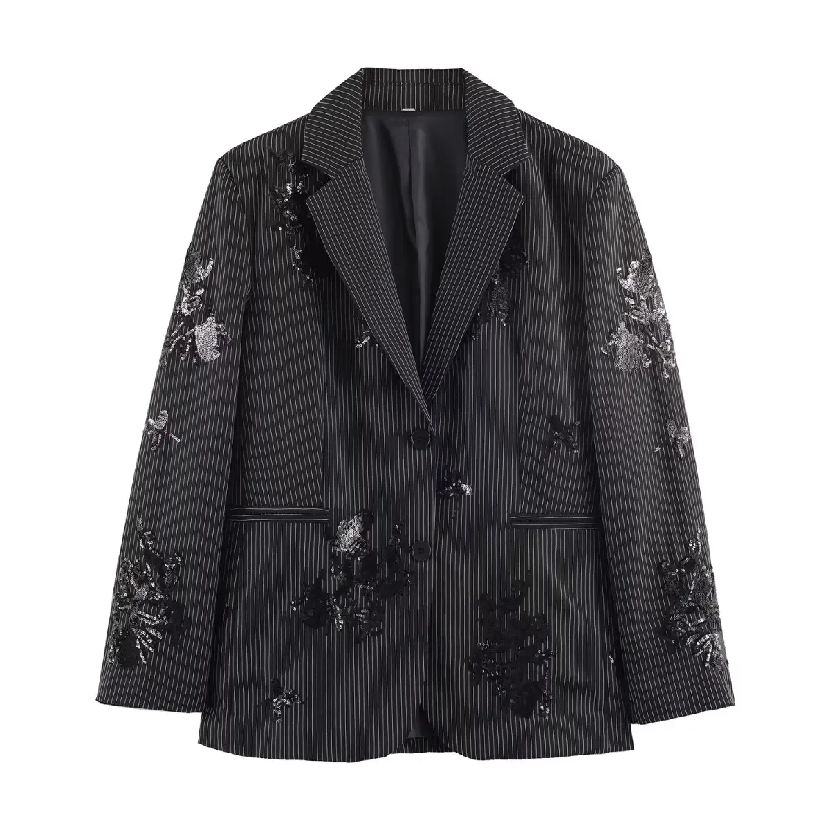Black Pinstripe Blazer Floral Sequin Embroidery Notched Lapel Two Buttons Loose Long Sleeve Women Streetwear Suit Jacket 260602
Black Pinstripe Blazer Floral Sequin Embroidery Notched Lapel Two Buttons Loose Long Sleeve Women Streetwear Suit Jacket 260602
