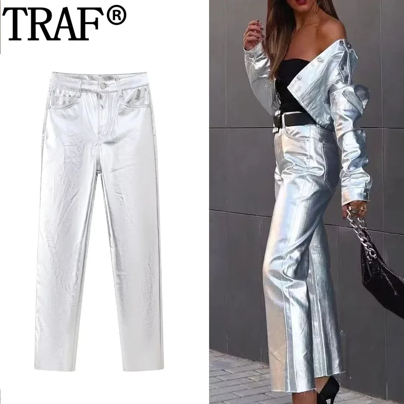 TRAF Women's Silver Pants High Waist Pants For Women Streetwear Glitter Straight Leg Trousers Womens Casual Autumn Pants Woman
TRAF Women's Silver Pants High Waist Pants For Women Streetwear Glitter Straight Leg Trousers Womens Casual Autumn Pants Woman
