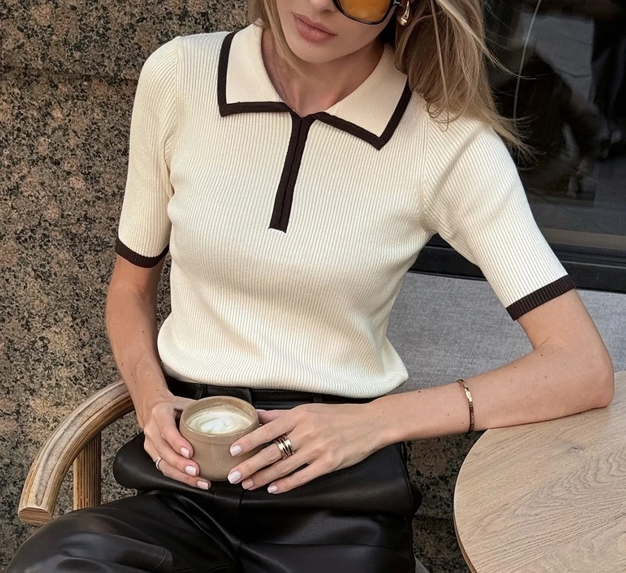 Ribbed Top Polo Collar Color Block Slim Pullover Knit Sweater for Women
Ribbed Top Polo Collar Color Block Slim Pullover Knit Sweater for Women