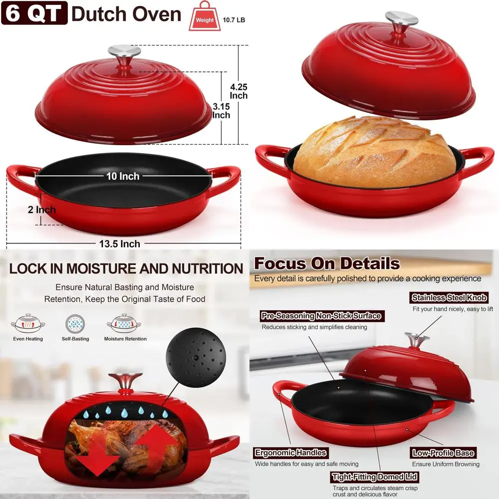 Эмалированная голландская духовка на 6 литров для хлеба на закваске, высокая куполообразная крышка, круглое основание, самовыравнивающаяся, выравнивающая тепло, сверхмощная, с антипригарным покрытием, красная
Эмалированная голландская духовка на 6 литров для хлеба на закваске, высокая куполообразная крышка, круглое основание, самовыравнивающаяся, выравнивающая тепло, сверхмощная, с антипригарным покрытием, красная