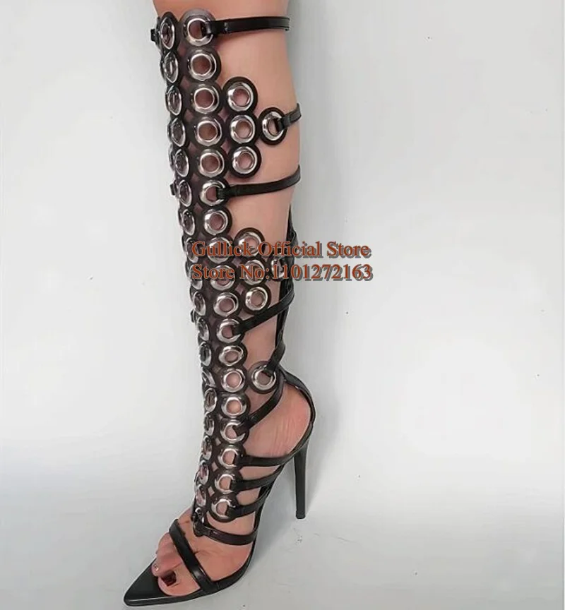 Roma Style Hollow Circle Women Sandals Black Leather Pointed Toe Strappy Shoes Gladiator Heels Summer Boots 
Roma Style Hollow Circle Women Sandals Black Leather Pointed Toe Strappy Shoes Gladiator Heels Summer Boots