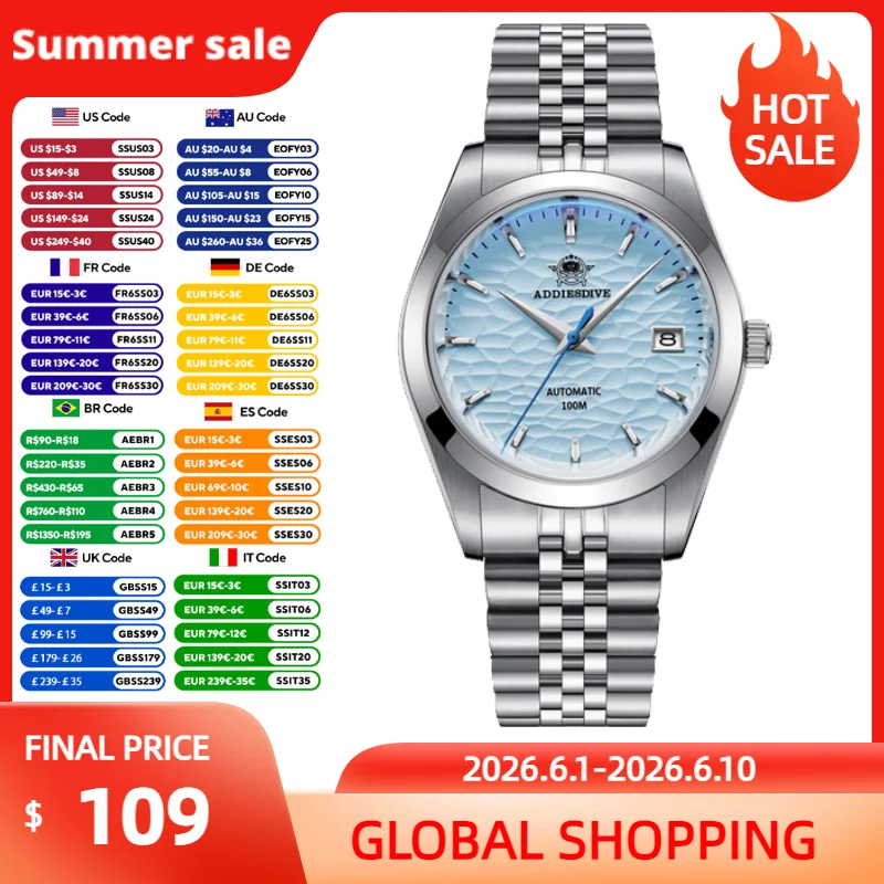 ADDIESDIVE Sapphire Glass Automatic Watches 3D Textured Dial 100m Waterproof Men's Watch Stainless Steel Dress Wristwatch AD2118
ADDIESDIVE Sapphire Glass Automatic Watches 3D Textured Dial 100m Waterproof Men's Watch Stainless Steel Dress Wristwatch AD2118