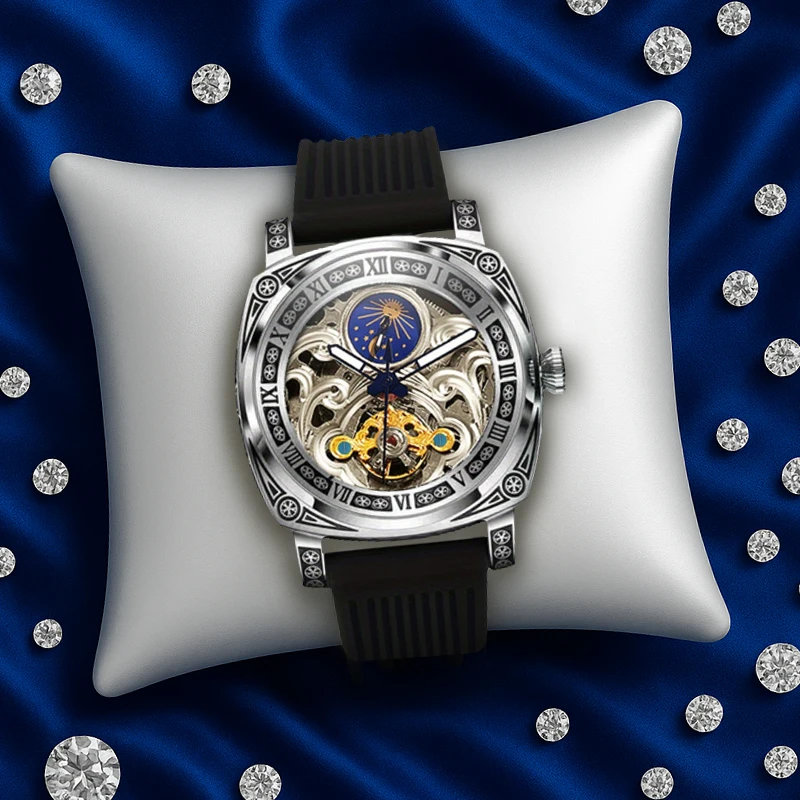 A men's black tape minimalist classic sun and moon carved dial fully automatic mechanical watch
A men's black tape minimalist classic sun and moon carved dial fully automatic mechanical watch