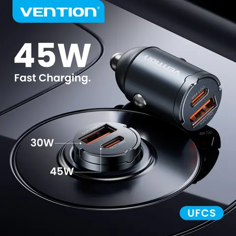 Vention MINI 45W Car Charger UFCS PD Fast Charging For iPhone 17 16 Pro Xiaomi Samsung Pull Ring USB C Dual Ports 12-24V Lighter