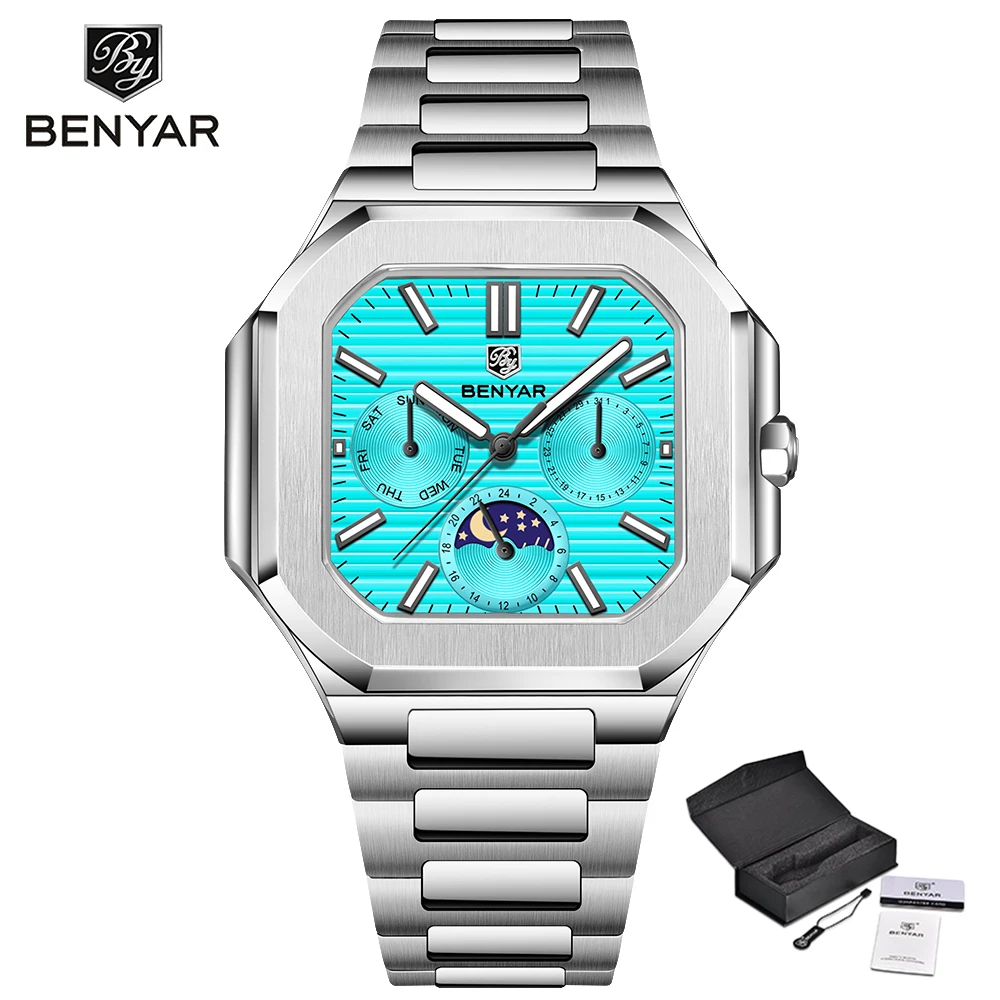 BENYAR 5221 New Square Moon Phase Watch: Classic Luxury Men's Quartz Watch with Sapphire Crystal and Stainless Steel Strap
BENYAR 5221 New Square Moon Phase Watch: Classic Luxury Men's Quartz Watch with Sapphire Crystal and Stainless Steel Strap