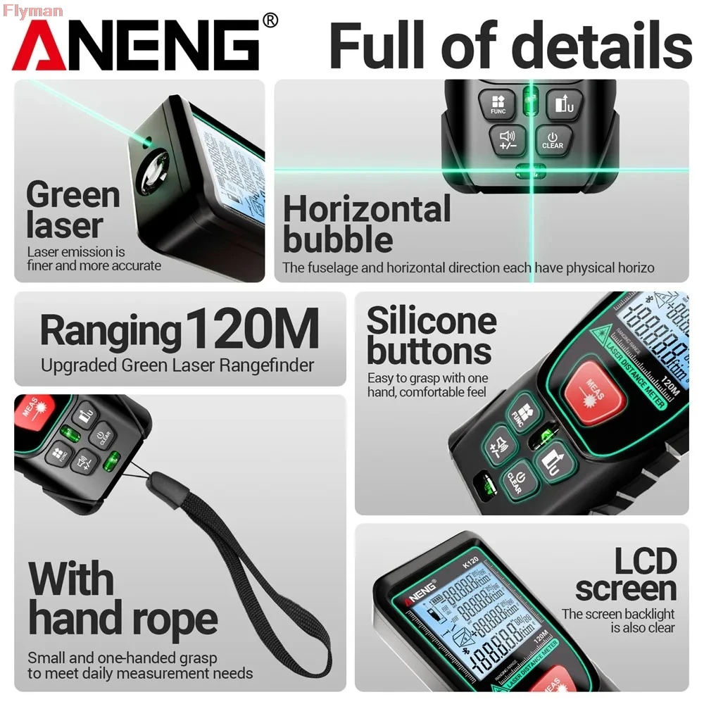 ANENG Volume/Area Measure ±3mm Measurement accuracy 20 Sets Data Storage Diastimeter Test Tool K50/70/100/120 Laser Range Finder
ANENG Volume/Area Measure ±3mm Measurement accuracy 20 Sets Data Storage Diastimeter Test Tool K50/70/100/120 Laser Range Finder