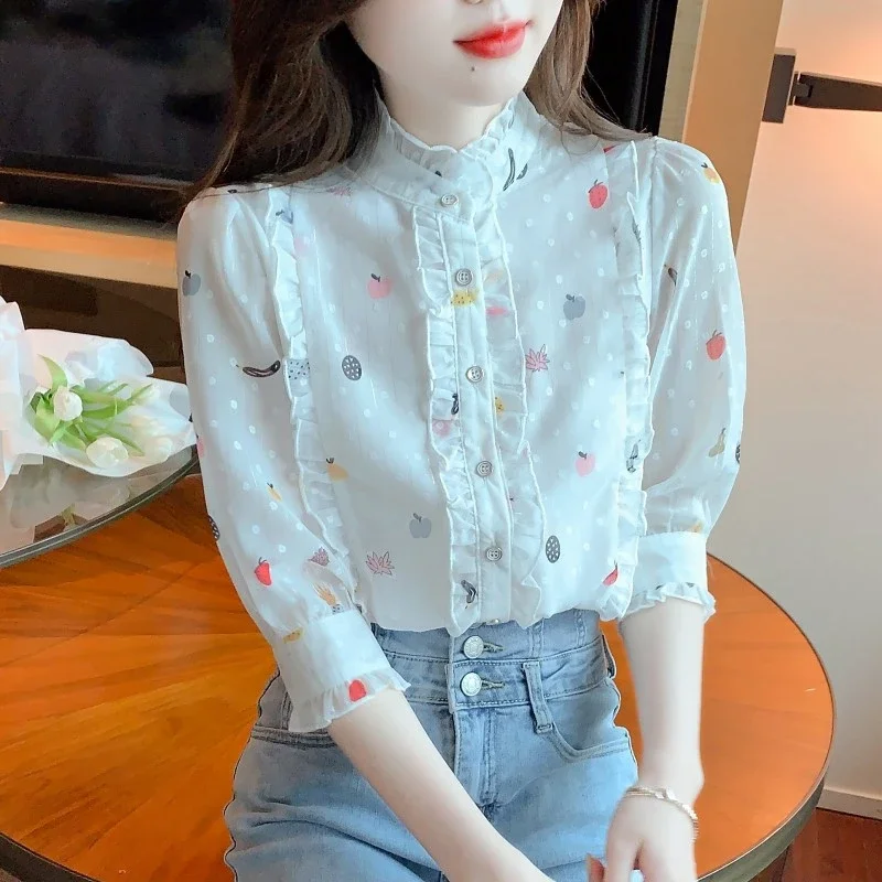 Women Fruit Print Chiffon Blouse Ruffled Stand Collar Half Sleeve Casual Shirt
Women Fruit Print Chiffon Blouse Ruffled Stand Collar Half Sleeve Casual Shirt