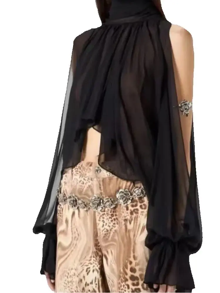 2025 Summer Women's Vintage Translucent Black Flare Sleeve Ruffles Tierred Shirts Lady Elegant Chiffon High Neck Layered Blouses
2025 Summer Women's Vintage Translucent Black Flare Sleeve Ruffles Tierred Shirts Lady Elegant Chiffon High Neck Layered Blouses