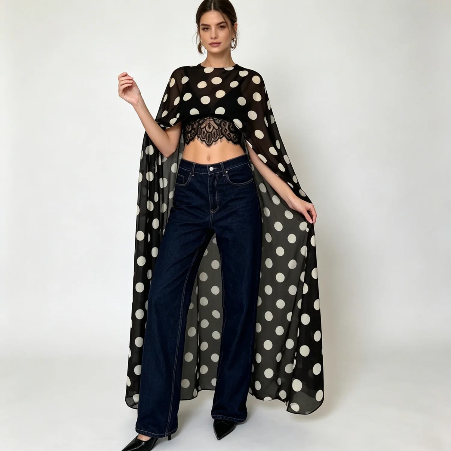 LIMO Polka Dot Sheer Cape Top Long Chiffon Cover Up with Lace Lining
LIMO Polka Dot Sheer Cape Top Long Chiffon Cover Up with Lace Lining