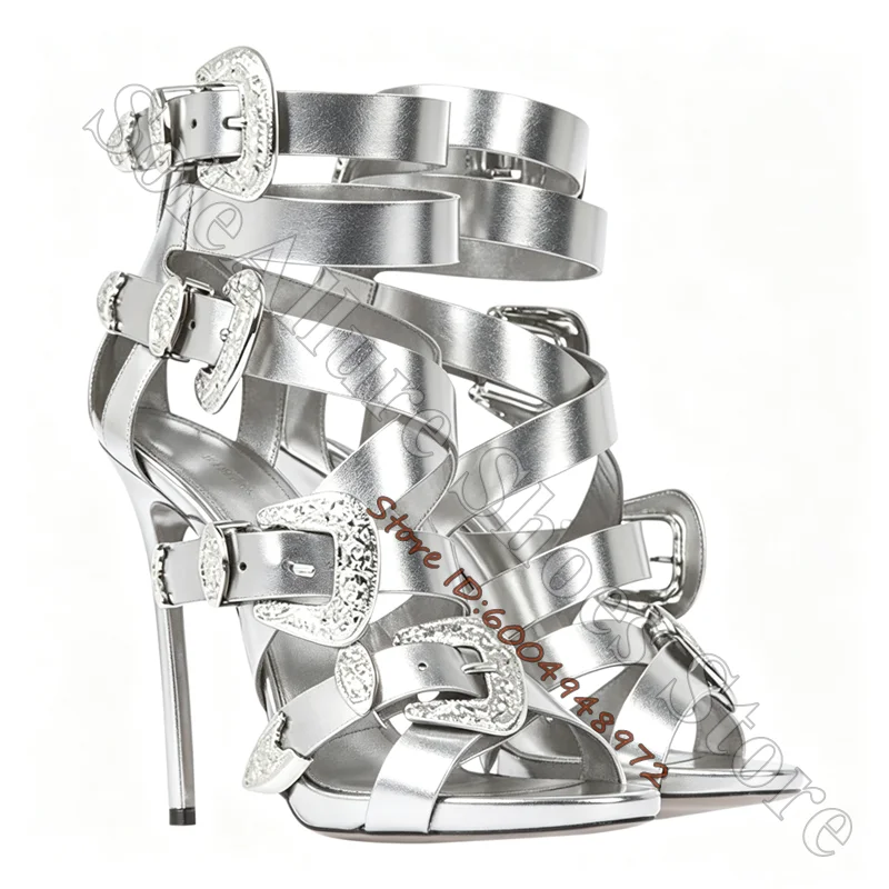 Metallic Silver Multi Strap Buckle Stiletto Sandals Carved Rhinestone Embossed Buckle Gladiator Heels Prom Lady Party Sandals
Metallic Silver Multi Strap Buckle Stiletto Sandals Carved Rhinestone Embossed Buckle Gladiator Heels Prom Lady Party Sandals