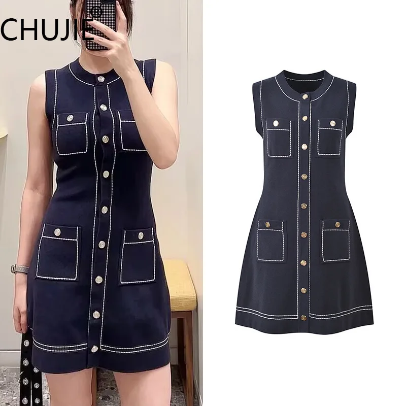 CHUJIE Fall 2025 Navy Blue Contrast Stitch Dress, Round Neck Sleeveless Button Front Dress, Slim Fit Youthful Style
CHUJIE Fall 2025 Navy Blue Contrast Stitch Dress, Round Neck Sleeveless Button Front Dress, Slim Fit Youthful Style