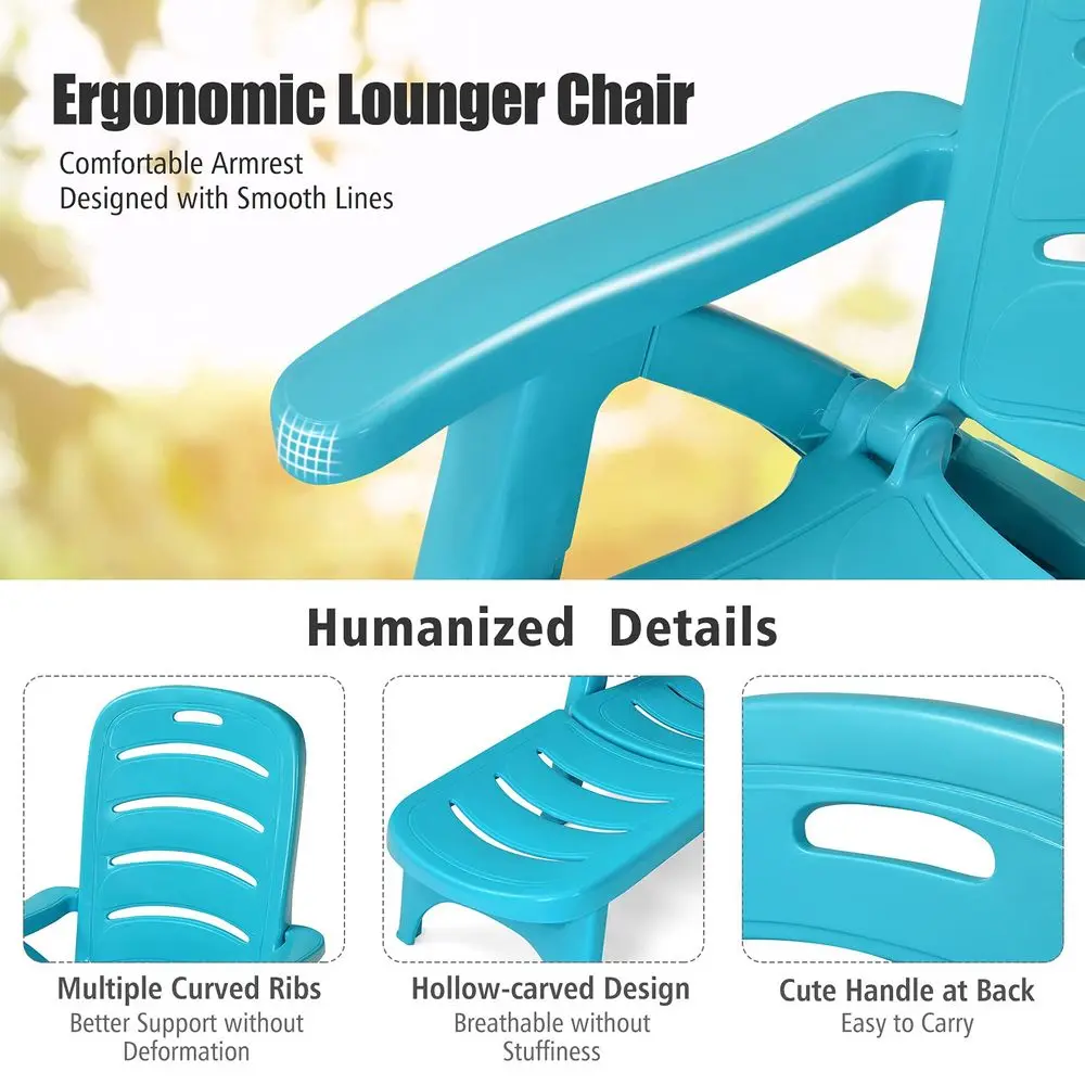Folding Chaise Lounge Chair Plastic Patio Lounger w 2 Rolling Wheels, 5Adjustable Positions, Armrests, Outdoor Lounge Recliner
Folding Chaise Lounge Chair Plastic Patio Lounger w 2 Rolling Wheels, 5Adjustable Positions, Armrests, Outdoor Lounge Recliner