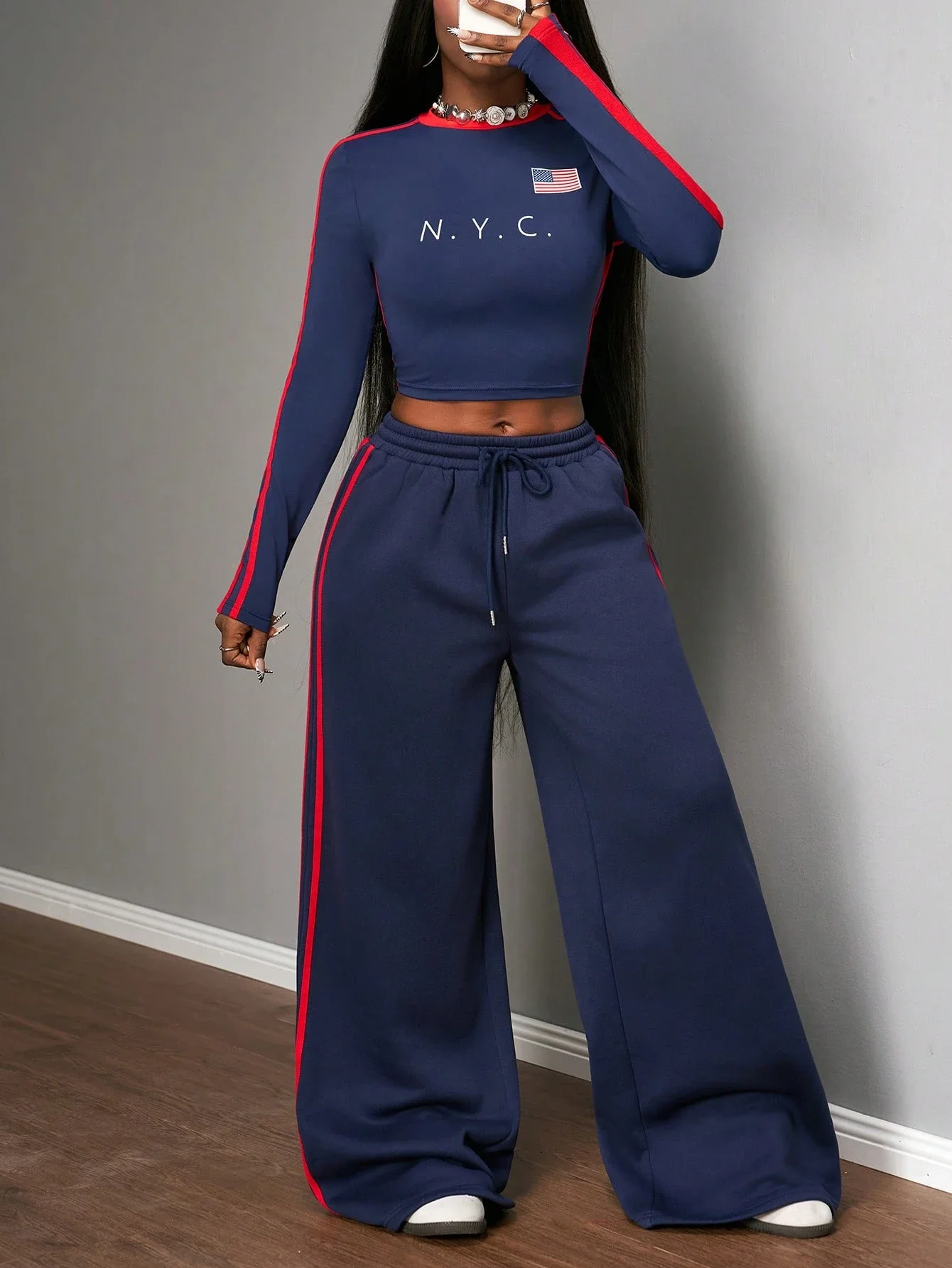 Navy Blue And Red Stripe Crop Top And Wide Leg Pants Two Piece Set Women Streetwear Casual Outfit
Navy Blue And Red Stripe Crop Top And Wide Leg Pants Two Piece Set Women Streetwear Casual Outfit