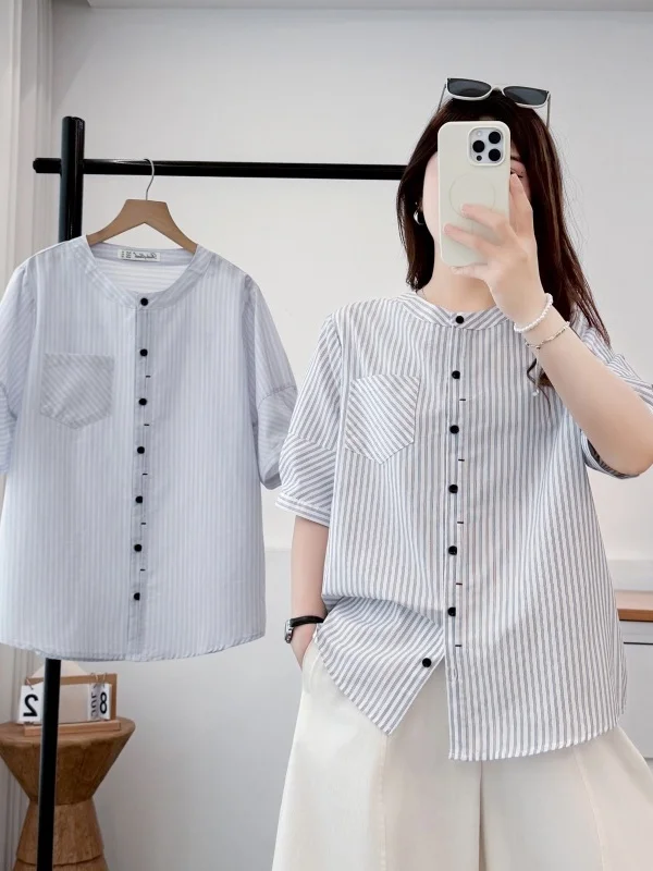 Loose Fit Short Sleeve Pocket Shirt Women's round Neck Korean Style Polyester Fiber Summer New Style Versatile plus Size Top
Loose Fit Short Sleeve Pocket Shirt Women's round Neck Korean Style Polyester Fiber Summer New Style Versatile plus Size Top
