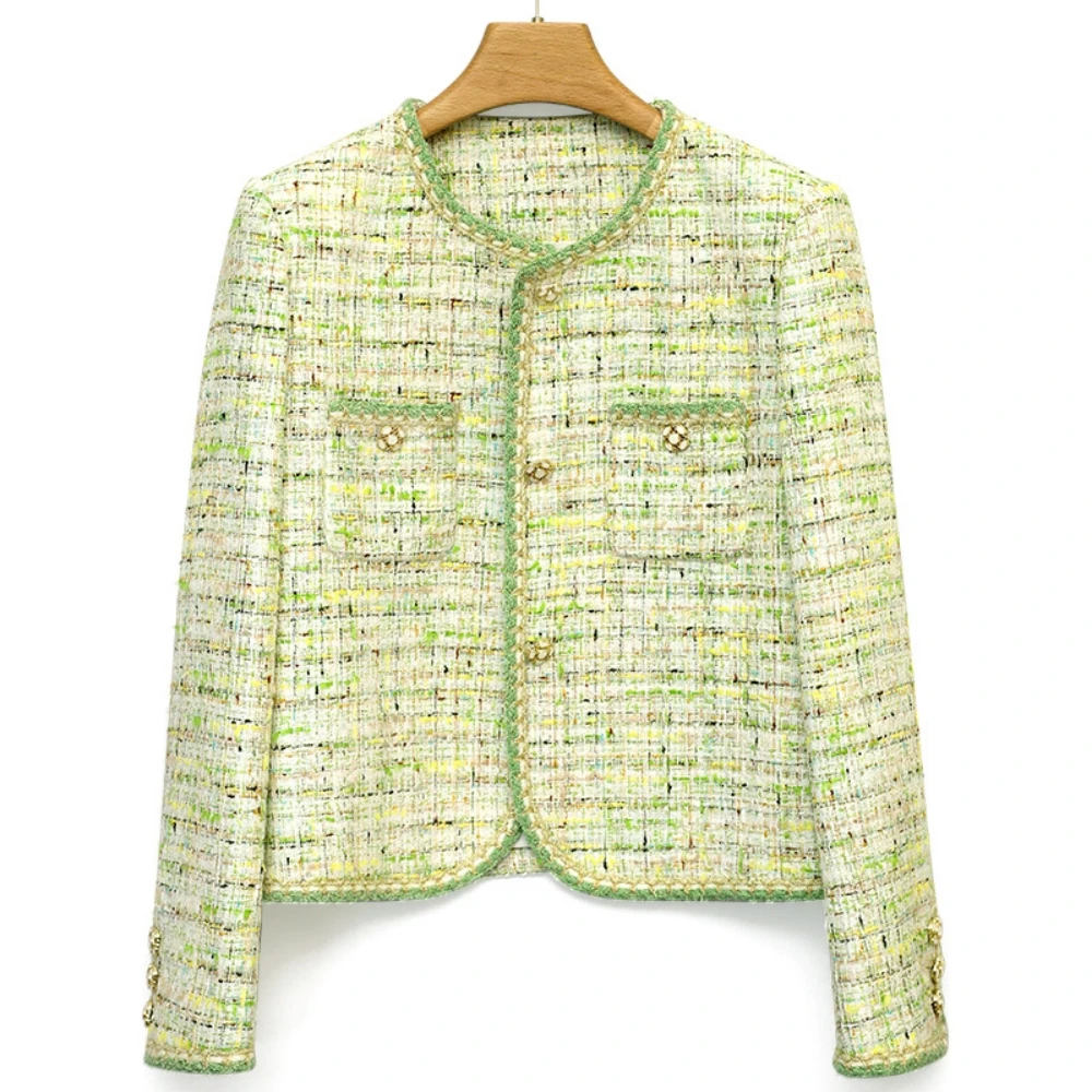 2023 Spring Autumn Women's High Quality Sweet Green Plaid Pockets Tweed Jackets O-neck Short Coat F098
2023 Spring Autumn Women's High Quality Sweet Green Plaid Pockets Tweed Jackets O-neck Short Coat F098
