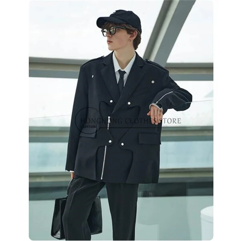 New design of jacket in suit style. Wave-shaped design with layered metallic decorations. Military-style suit.
New design of jacket in suit style. Wave-shaped design with layered metallic decorations. Military-style suit.