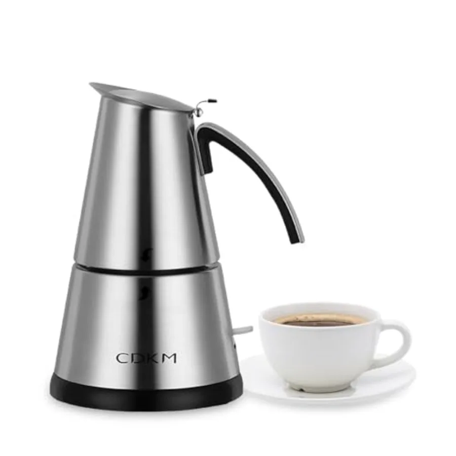 Electric Moka Pot Espresso Maker for home cafe use, stainless steel body in matte black, auto shut-off safety feature and sprin
Electric Moka Pot Espresso Maker for home cafe use, stainless steel body in matte black, auto shut-off safety feature and sprin
