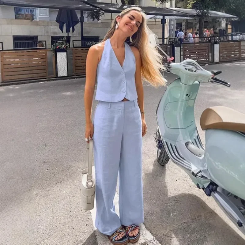European American Simple Fashion Linen Light Blue Halter Vest Suit Women Summer Cardigan Wide Leg Pants Two Piece Set
European American Simple Fashion Linen Light Blue Halter Vest Suit Women Summer Cardigan Wide Leg Pants Two Piece Set