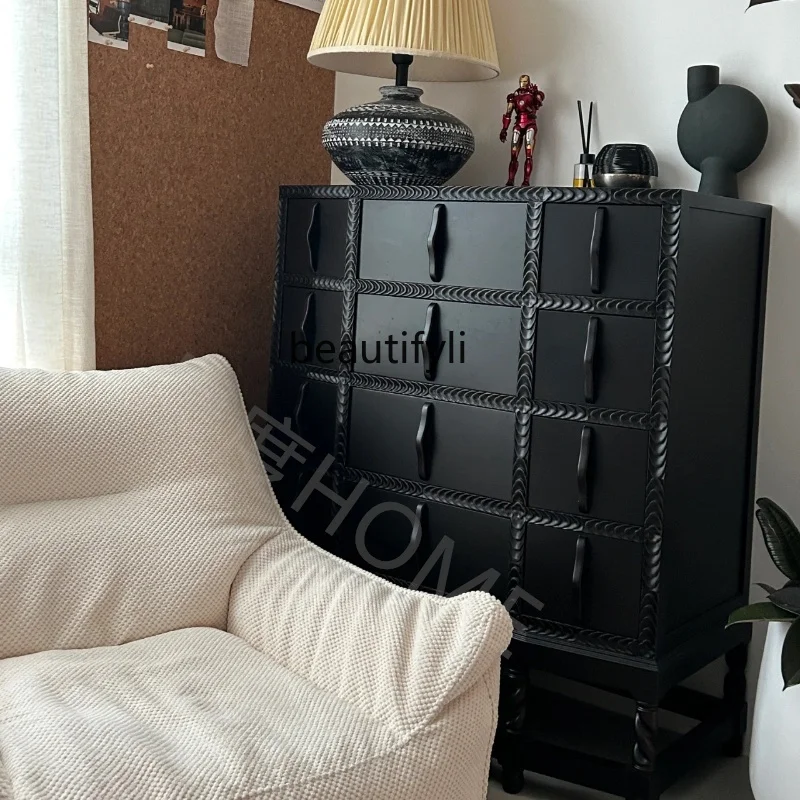 French retro black solid wood carved chest, living room twist leg drawer, side cabinet
French retro black solid wood carved chest, living room twist leg drawer, side cabinet