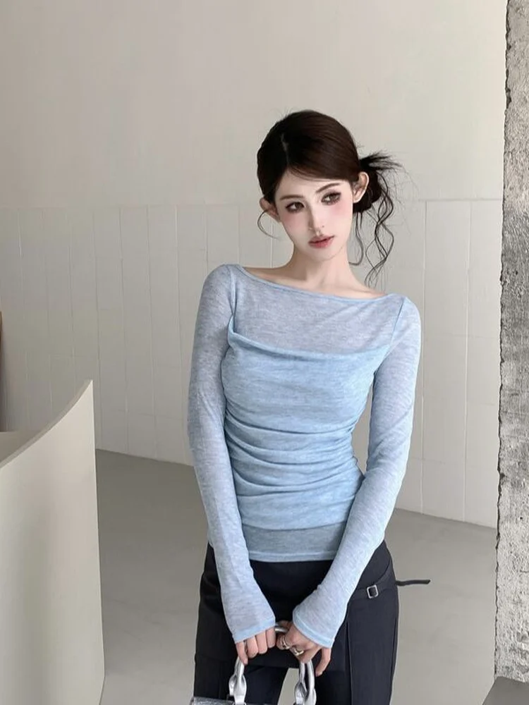Slim Fit Blue Transparent Long Sleeve T-Shirt Women's Fashionable Commute Style Korean Version Thin Material Spring Summer
Slim Fit Blue Transparent Long Sleeve T-Shirt Women's Fashionable Commute Style Korean Version Thin Material Spring Summer