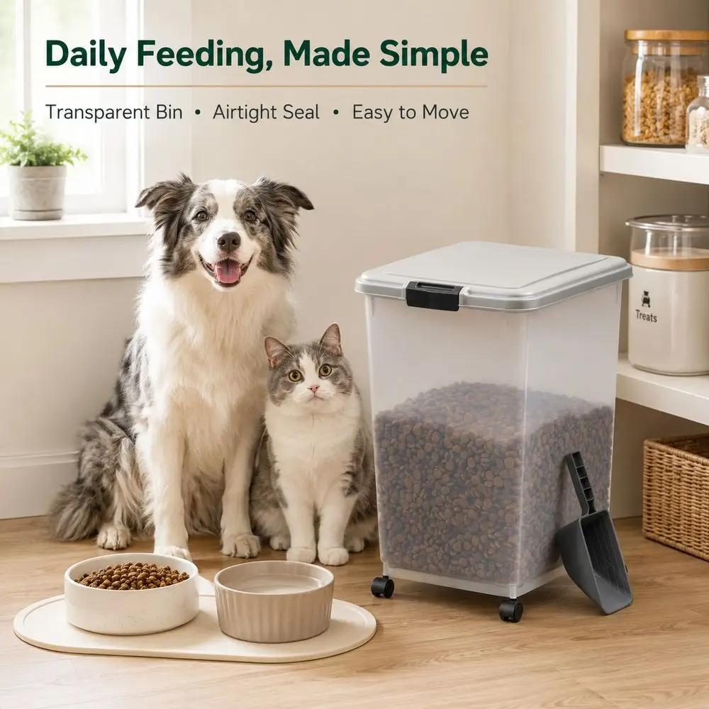 Transparent Plastic Storage Bucket With Wheels And A Lid, 54 Lbs. Airtight Pet Food Container Dog Cat Food Storage Bin With Sco
Transparent Plastic Storage Bucket With Wheels And A Lid, 54 Lbs. Airtight Pet Food Container Dog Cat Food Storage Bin With Sco