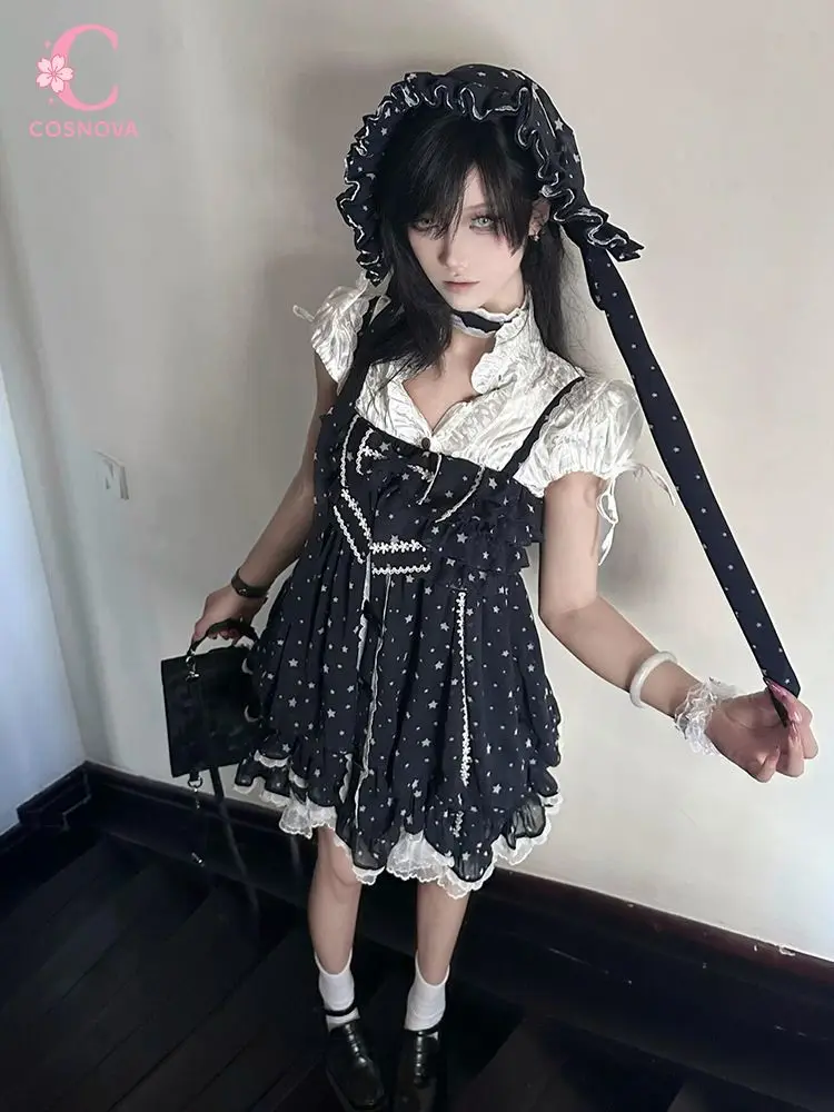 Gothic Lolita Japanese Vintage Dress Set Women Puff Sleeve Lace Trim Star Print Cute Bow Decor Mini Dress Elegant Party Outfit
Gothic Lolita Japanese Vintage Dress Set Women Puff Sleeve Lace Trim Star Print Cute Bow Decor Mini Dress Elegant Party Outfit