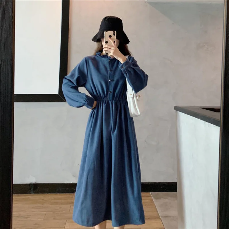 Autumn Winter New Retro Medium Length Style Dress Women Long Sleeve Single Breasted Solid Color O-Neck Dresses Elastic Waist
Autumn Winter New Retro Medium Length Style Dress Women Long Sleeve Single Breasted Solid Color O-Neck Dresses Elastic Waist