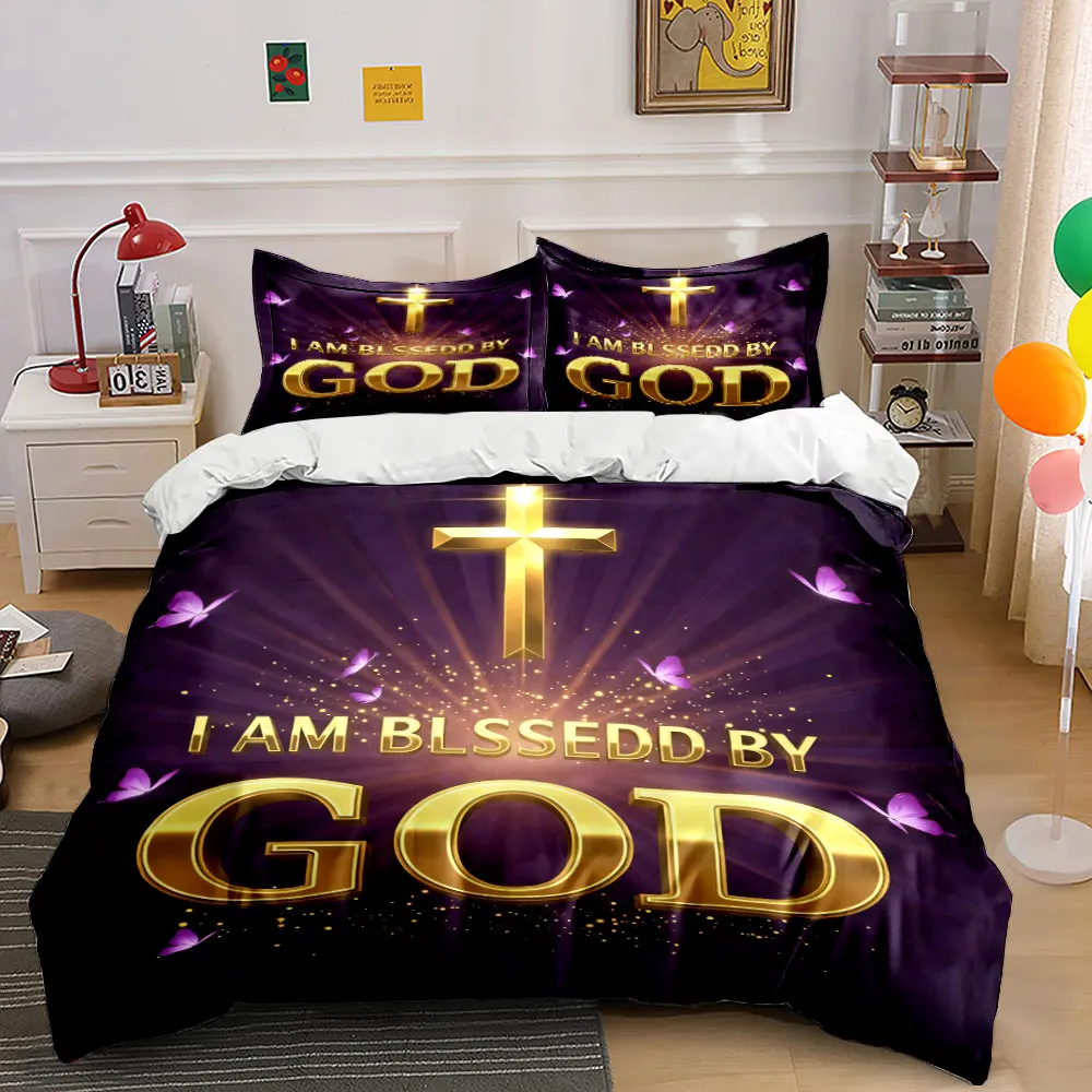 3Pcs Golden Cross Purple Butterfly Faith Bedding Set, Blessed Quote Scripture Print Duvet Cover 2 Pillowcases King Queen, Gift
3Pcs Golden Cross Purple Butterfly Faith Bedding Set, Blessed Quote Scripture Print Duvet Cover 2 Pillowcases King Queen, Gift