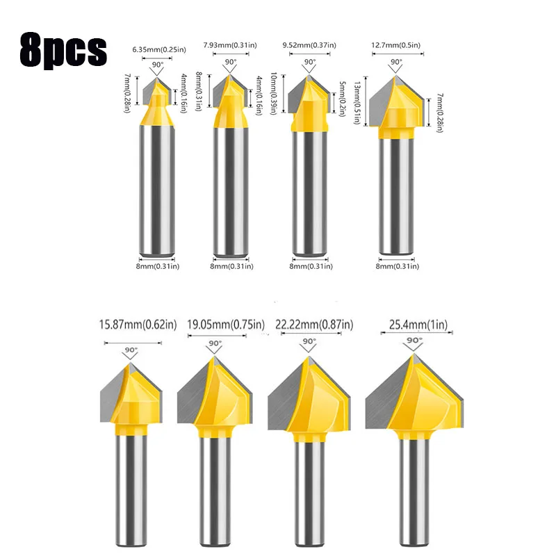 90 Degree V-milling Cutter 8 Handle Woodworking V-groove Trimming Machine Cutter Head Slotted Folding Tool
90 Degree V-milling Cutter 8 Handle Woodworking V-groove Trimming Machine Cutter Head Slotted Folding Tool