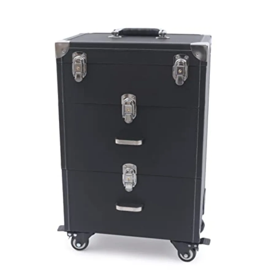 Professional rolling makeup case for cosmetology training: durable black ABS plastic trolley with smooth wheels, spacious inter
Professional rolling makeup case for cosmetology training: durable black ABS plastic trolley with smooth wheels, spacious inter
