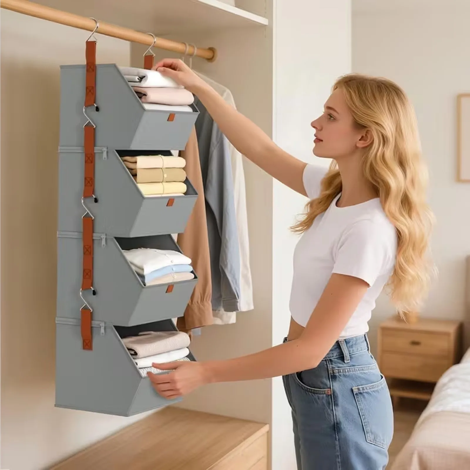 Hanging Closet Organizer 4 Tier - Clothes Hanging Shelves, Space-Saving Closet
Hanging Closet Organizer 4 Tier - Clothes Hanging Shelves, Space-Saving Closet