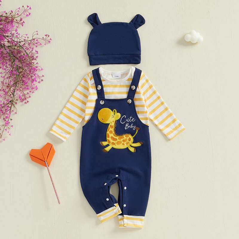Toddler Infant Baby Girl Fall Outfit Striped Long Sleeve Romper Giraffe Embroidery Overall Pants Hat 3 Pcs Set
Toddler Infant Baby Girl Fall Outfit Striped Long Sleeve Romper Giraffe Embroidery Overall Pants Hat 3 Pcs Set