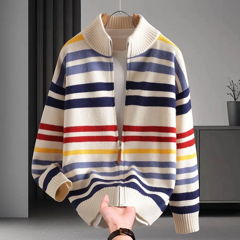 Spring and Autumn new fashion trendy thickened warm striped knit sweater men's casual loose sports cardigan plus size sweater
Spring and Autumn new fashion trendy thickened warm striped knit sweater men's casual loose sports cardigan plus size sweater