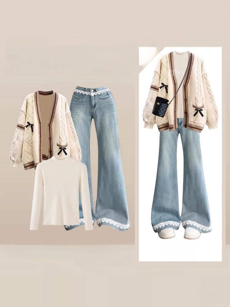 Autumn Winter College Style Knitted Cardigan T-Shirt High Waist Jeans Three Piece Set Women's Anti-Aging Fashion Ensemble
Autumn Winter College Style Knitted Cardigan T-Shirt High Waist Jeans Three Piece Set Women's Anti-Aging Fashion Ensemble
