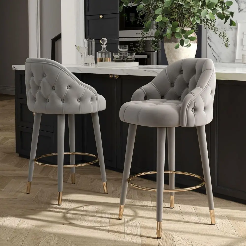 Grey Bar Stools Set of 2, Upholstered Velvet Counter Height Bar Stool with Wood Legs, Botton Tufted Barstools, Mid Century Coun
Grey Bar Stools Set of 2, Upholstered Velvet Counter Height Bar Stool with Wood Legs, Botton Tufted Barstools, Mid Century Coun