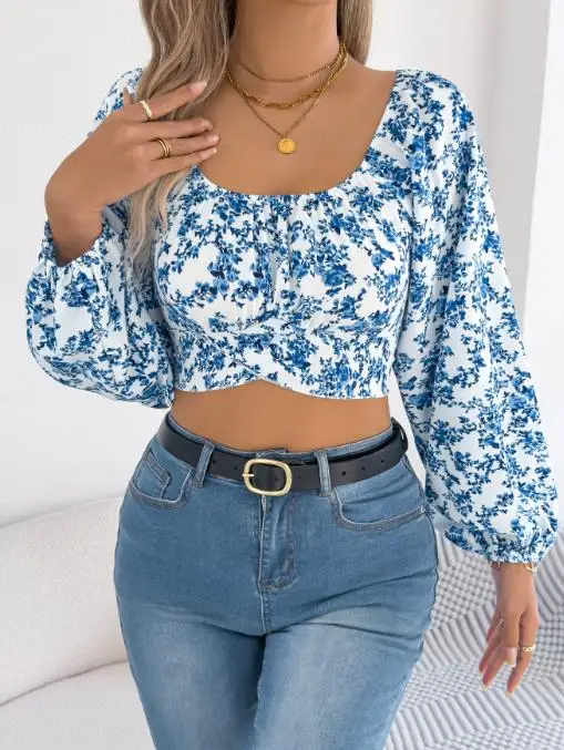 Women's Early Autumn 2025 Floral Lantern Sleeve Waist Tied Chiffon Shirt with Exposed Navel Top
Women's Early Autumn 2025 Floral Lantern Sleeve Waist Tied Chiffon Shirt with Exposed Navel Top