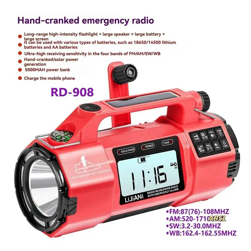 HRD908 Multi-Function Emergency Radio With AM/FM/SW/WB Bands Large Flashlight, Large Speaker, Hand-Crank Generator
HRD908 Multi-Function Emergency Radio With AM/FM/SW/WB Bands Large Flashlight, Large Speaker, Hand-Crank Generator