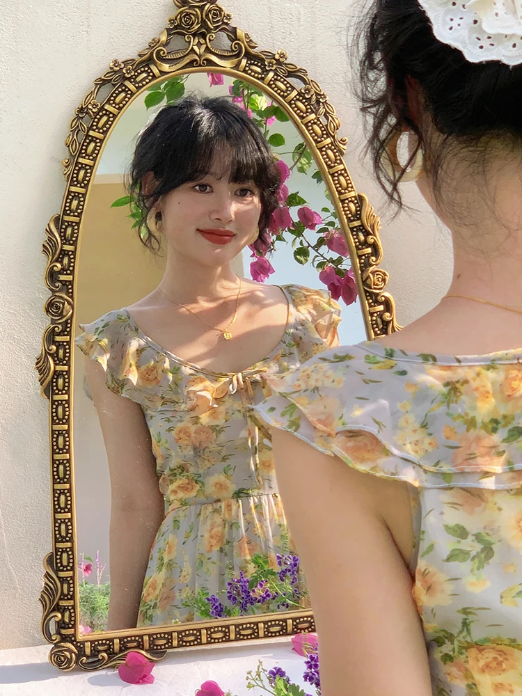 Elegant Floral Print Chiffon Halter Dress Women's Summer Travel Fairy Skirt High Waist A-Line Short Sleeve U-Neck Zipper Back
Elegant Floral Print Chiffon Halter Dress Women's Summer Travel Fairy Skirt High Waist A-Line Short Sleeve U-Neck Zipper Back