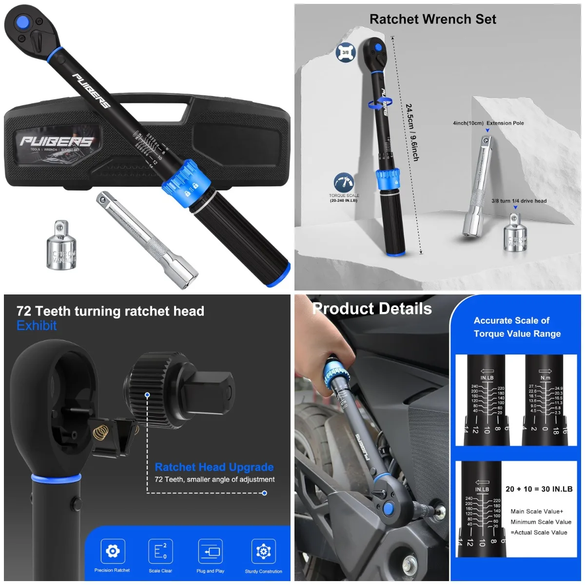 3/8' Drive Torque Wrench 20-240 in-lb, ±3% Accurate, Dual-Direction, 72-Tooth with Extension Bar for Bike Car Motorcycle Mainten
3/8' Drive Torque Wrench 20-240 in-lb, ±3% Accurate, Dual-Direction, 72-Tooth with Extension Bar for Bike Car Motorcycle Mainten