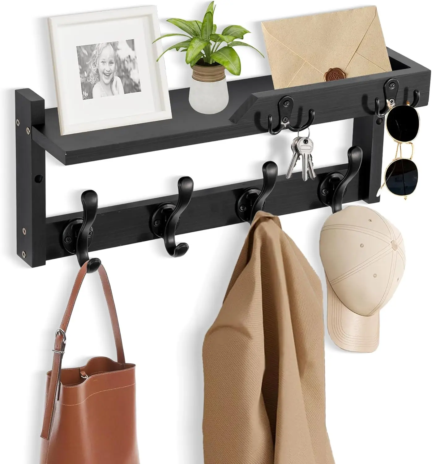 Wall Mount Coat Rack with Shelf, Key Hooks, and Mail Holder - Wood Entryway Floating Storage Organizer
Wall Mount Coat Rack with Shelf, Key Hooks, and Mail Holder - Wood Entryway Floating Storage Organizer