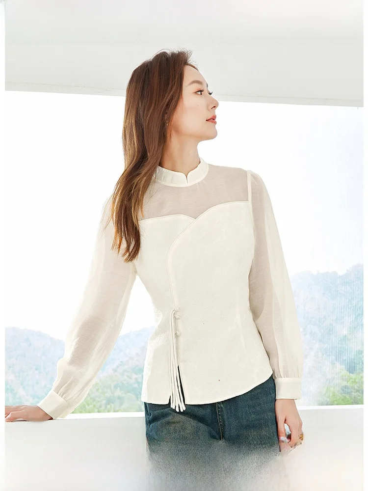 Ele Stand Collar Patchwork Silk irt Women's Slim Fit Long Sve Bubble Sve Polyester Fiber High Waist Design Autumn...
Ele Stand Collar Patchwork Silk irt Women's Slim Fit Long Sve Bubble Sve Polyester Fiber High Waist Design Autumn...