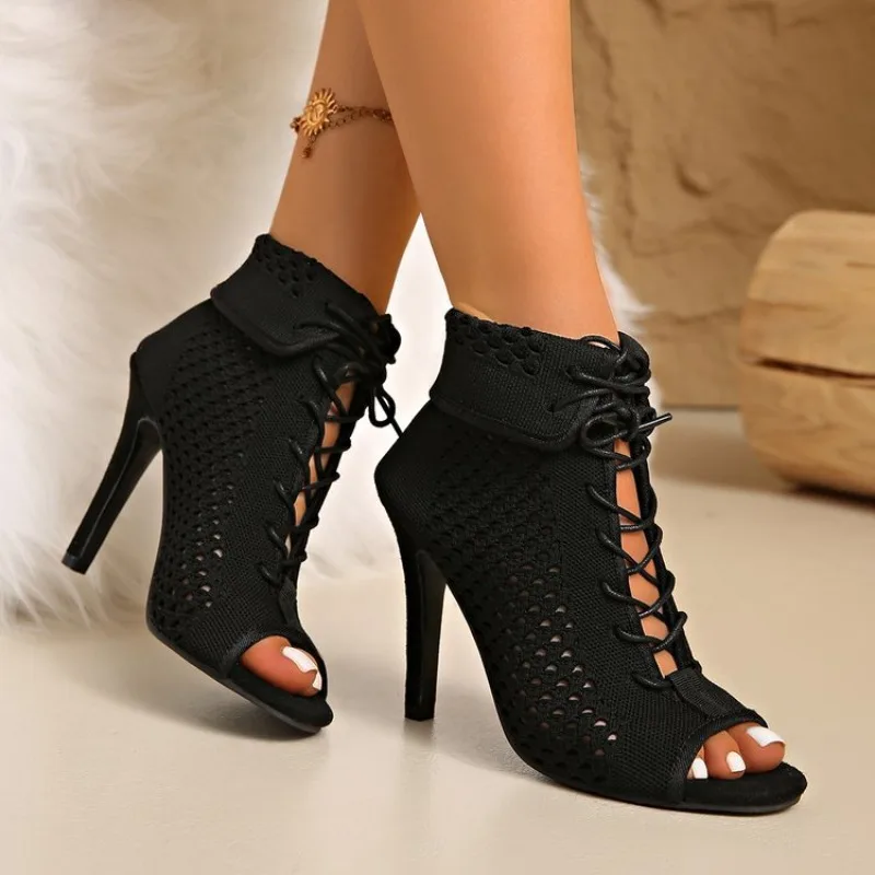 Women Sandals Summer 2025 New Women High Top Dance Shoes Ballroom Salsa Tango Sandals Fashion Party Mesh High Heels Shoes Women