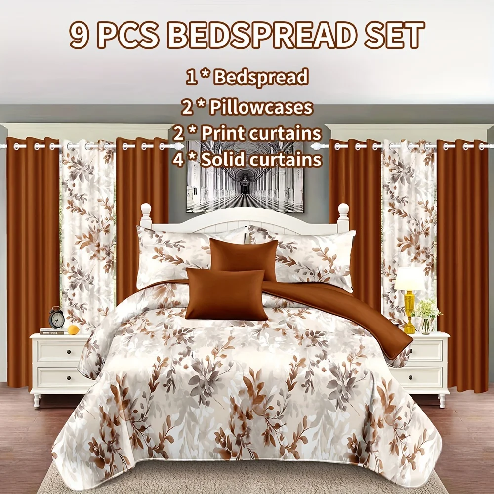 SNUGNES, Orange Leaves, 9pcs Printing Bedding Including: 1pc Bed Cover, 2pcs Pillowcases, 2pcs Printed Curtains And 4pcs Solid C
SNUGNES, Orange Leaves, 9pcs Printing Bedding Including: 1pc Bed Cover, 2pcs Pillowcases, 2pcs Printed Curtains And 4pcs Solid C