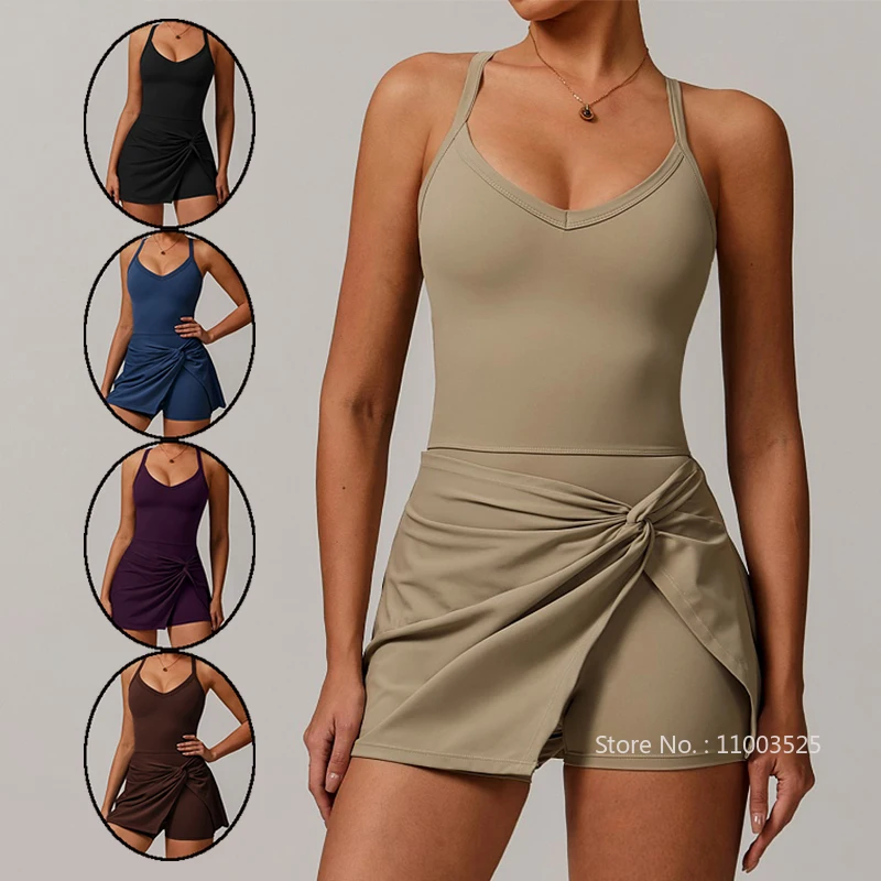 Women Bodysuit Tennis Dresses Sleeveless V-neck Athletic Yoga Skirts Ladies Running Fitness Dresses with Inner Short
Women Bodysuit Tennis Dresses Sleeveless V-neck Athletic Yoga Skirts Ladies Running Fitness Dresses with Inner Short