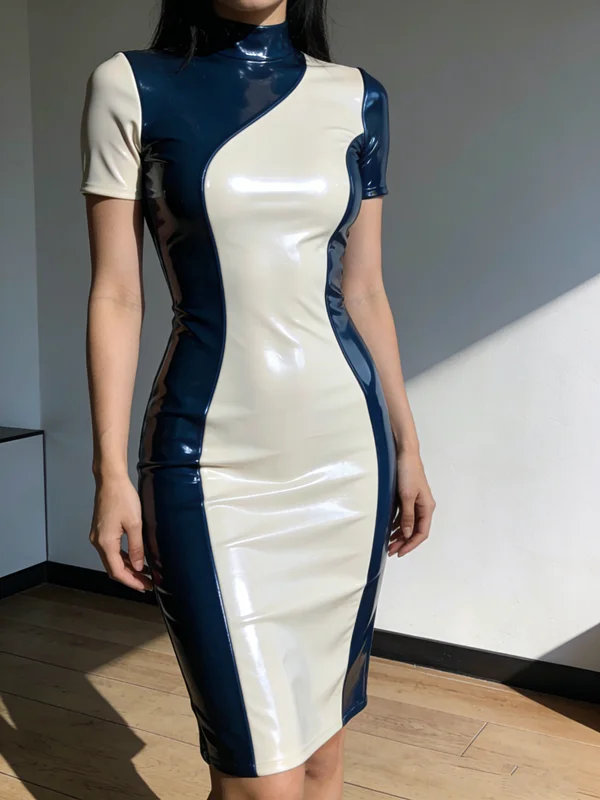Women's Shiny Latex Bodycon Midi Dress – Navy & Beige Color Block High Neck Dress for Cosplay & Clubwear
Women's Shiny Latex Bodycon Midi Dress – Navy & Beige Color Block High Neck Dress for Cosplay & Clubwear